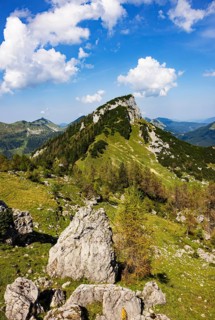 At the summit of the Hochbühel with a view of the Hochwieskopf, Osterhorn group, Salzkammergut,