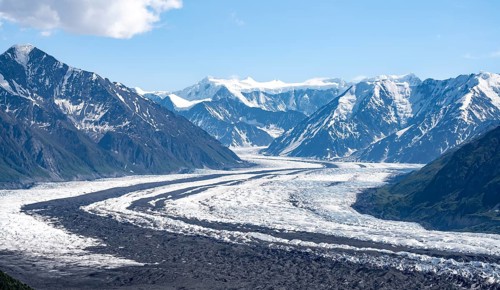 View of impressive mountain landscape with Matanuska glacier and glaciated mountain peaks, Lion's