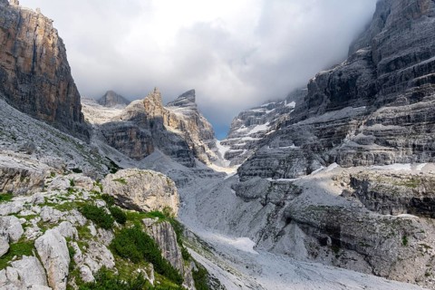 Mountain valley, Castelletto Superiore and Cima Sella peaks, back Scharte Bocca di Tuckett,