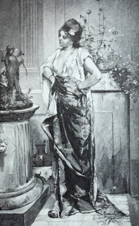 Cupid's threat, a small statue of Cupid, a young woman standing reproachfully in front of it, 1890,