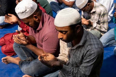 Muslim devotees offer prayers on the first Friday of the holy month of Ramadan at a mosque, in