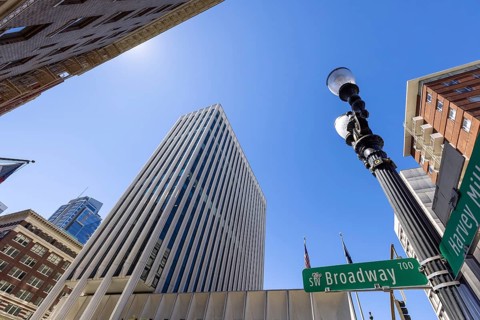 USA, streets of Portland city downtown, financial center and Pioneer Village district