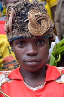Boy wearing a traditional headdress, portrait, Nkala, Bandundu Province, Democratic Republic of the