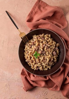 Pasta with stewed meat, pasta in the navy, horns, homemade, no people