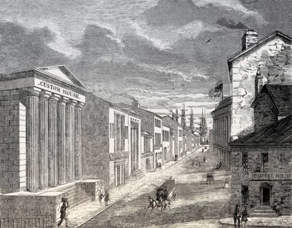 View of Wall Street from corner of Broad Street, New York City, 1857