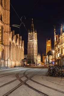 Belfry of Ghent and Sint-Baafskathedraal. Sint- Michielshelling street. Ghent, Belgium