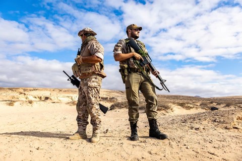 Two soldiers equipped with tactical gear and rifles stand back to back in a desert landscape,