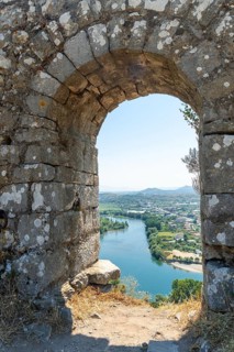Looking at the lake from the arch of the Rozafa Castle wall in the city Shkoder. Albania