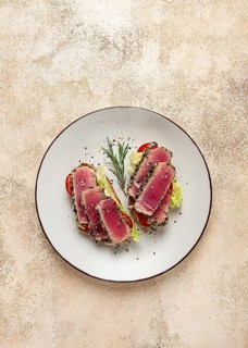 Sandwiches with fried tuna fillet, sesame, breakfast, top view, homemade