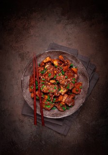 Bulgogi, with mushrooms, with sesame seeds and green onions, Korean cuisine, homemade, no people