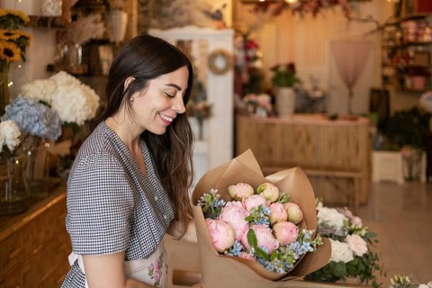 A woman arranges a bouquet of pink and blue flowers in a charming flower shop. She smiles, wearing