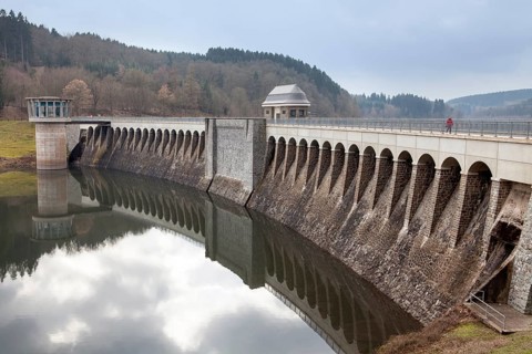 Dam of the Lister Reservoir, turbine tower at Bigge Reservoir hydroelectric power station, Olpe,