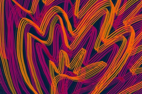 This illustration features an abstract wavy pattern with intertwining lines in bold red and yellow