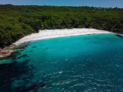 Aerial image of a serene beach with lush greenery, white sand, and crystal clear turquoise waters