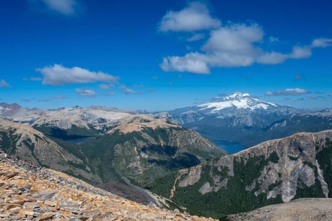 The summit of Cerro Tronador with its glaciers and mountain lakes in the Nahuel Huapi National Park