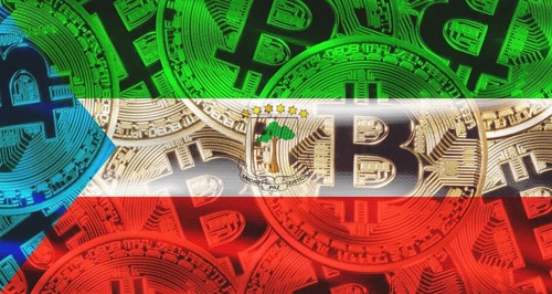 Bitcoin coins on Equatorial Guinea flag background. Golden bitcoin coins on Equatorial Guinea flag