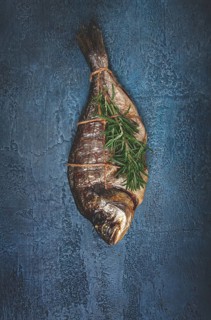 Dorado fish, hot smoked, with a sprig of rosemary, tied with a rope, on a blue background, top