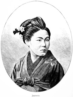 Portrait of a young Japanese woman in typical Japanese dress in a kimono, black hair combed back,