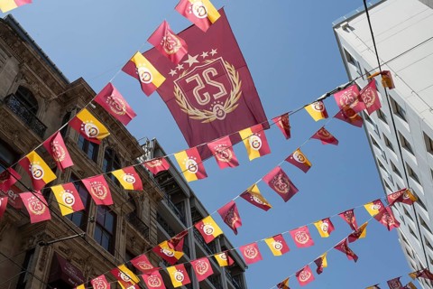 Istanbul, Turkey. June 23rd 2025. Galatasary S.K football and basketball club flags and pennants