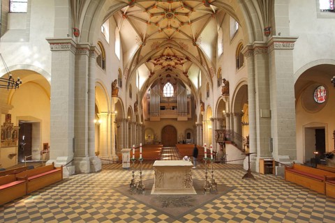 Interior view with organ and chancel, Romanesque Basilica of St. Castor, Castor Church, Koblenz,