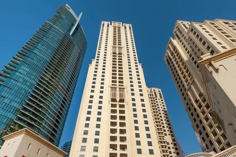 Dubai, United Arab Emirates. July 2nd 2019 Modern skyscraper apartment complex buildings on the sea