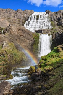 Waterfall, sunny, midday light, rainbow, mountains, Dynjandi, Westfjords, Iceland
