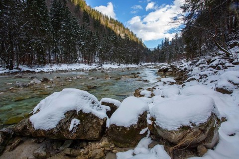 Snowy creek in Lassing Valley, Duerrenstein, Austria