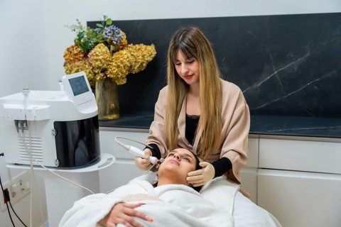 Woman undergoing a professional facial rejuvenation treatment performed by a cosmetologist using an