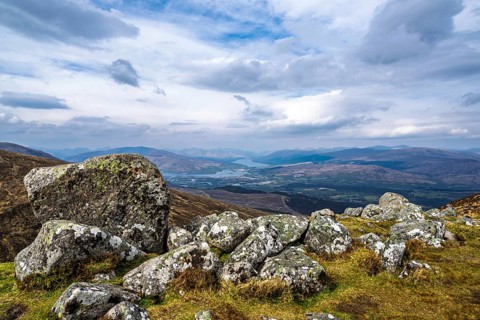 View from Nevis Range Mountains, Grampian Mountains, Fort William, Highland, Lochaber, Scotland, UK