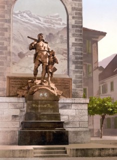 Altdorf, Wilhelm Tell's monument, Vierwaldstaettersee, Switzerland, Historical, digitally restored