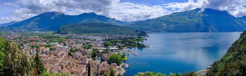 View of the old town centre from the Bastione panoramic viewpoint, Bastione ruins, Riva del Garda,