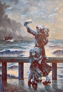 Farewell, Woman with children waving after a ship, Fishing boat in stormy sea, Holland, North Sea,