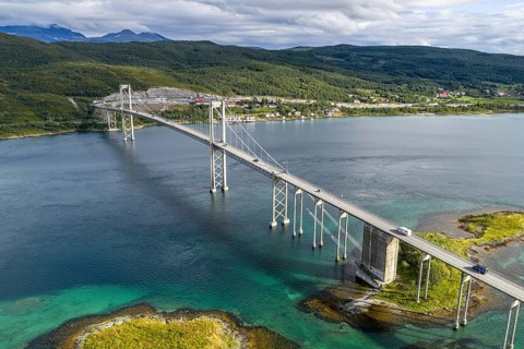 Aerial view of Tjeldsundbrua bridge south of Harstad, Norway