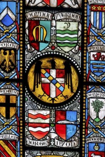 Colourful stained glass windows, Notre-Dame Cathedral, former episcopal church of the diocese of