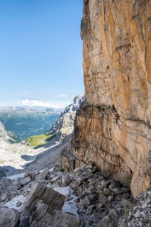 Mountaineers on the Bocchette Centrale band trail, via ferrata in the Brenta Mountains,