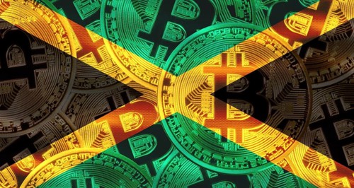 Bitcoin coins on Jamaica flag background. Golden bitcoin coins on Jamaica flag background
