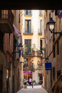 Narrow alley in the historic centre of Barecelona, Spain