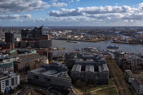 Panoramic view from the viewing platform of Hamburger Michels with river view, docks and