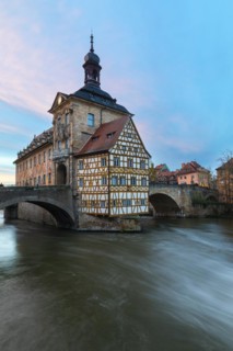 Upper Bridge, Old Town Hall, Regnitz, historic old town, twilight, sunset, Bamberg, Lower