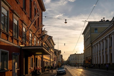 Evening atmosphere, historic houses on Aleksanderinkatu, Helsinki, Finland