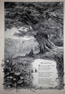 Forest peace, peaceful scene under a large tree by the lake, with a poem, 1890, illustration,