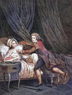 Dangerous intimacy, erotic encounter of a couple, French copperplate engraving by Nerbe, Historic,