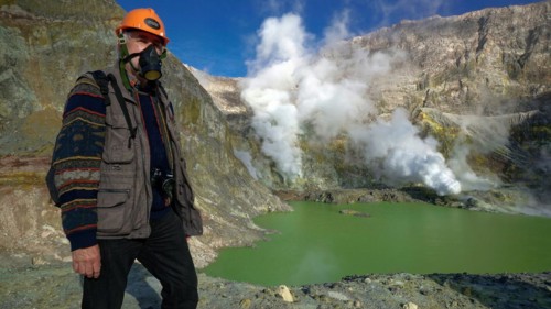 New Zealand, White Island, volcanism, man with protective mask, toxic gases, White Island, New