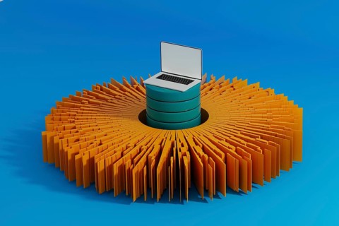 A laptop stands surrounded by vibrant data elements, symbolizing connection and network activity