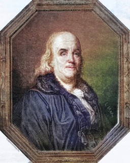 Benjamin Franklin, 1706-1790, American statesman. Copper engraving by Pannemaker-Ligny after De La