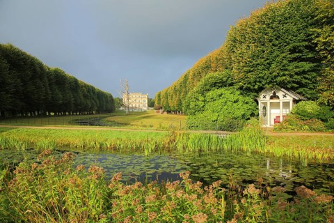 Park with pond and pavilion, gazebo, Elswout hunting lodge, brick building, Overveen, Bloemendaal,