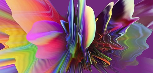 Vibrant 3D extrusions featuring a spectrum of holographic colors create a visually dynamic artwork,