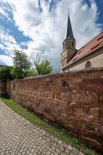 View of the Gothic St Mary's Church, in front the old church wall, Kalbensteinberg, Middle