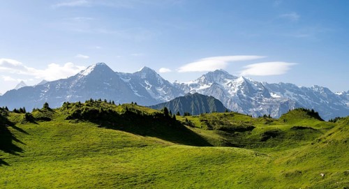Picturesque mountain landscape, mountain panorama with peaks Eiger, Mönch and Jungfrau, Bernese
