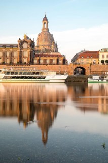 Old town view from Neustädter Ufer with Brühl's Terrace and Church of Our Lady, reflection in the